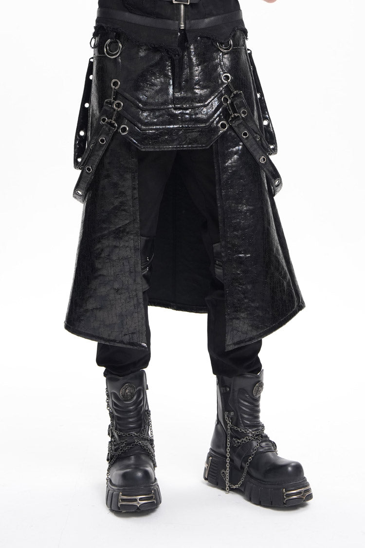 Black Faux Leather Stitching Eyelets Strap Rings Men's Gothic Skirt - Product - 2
