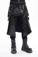 Black Faux Leather Stitching Eyelets Strap Rings Men's Gothic Skirt - Product - 2