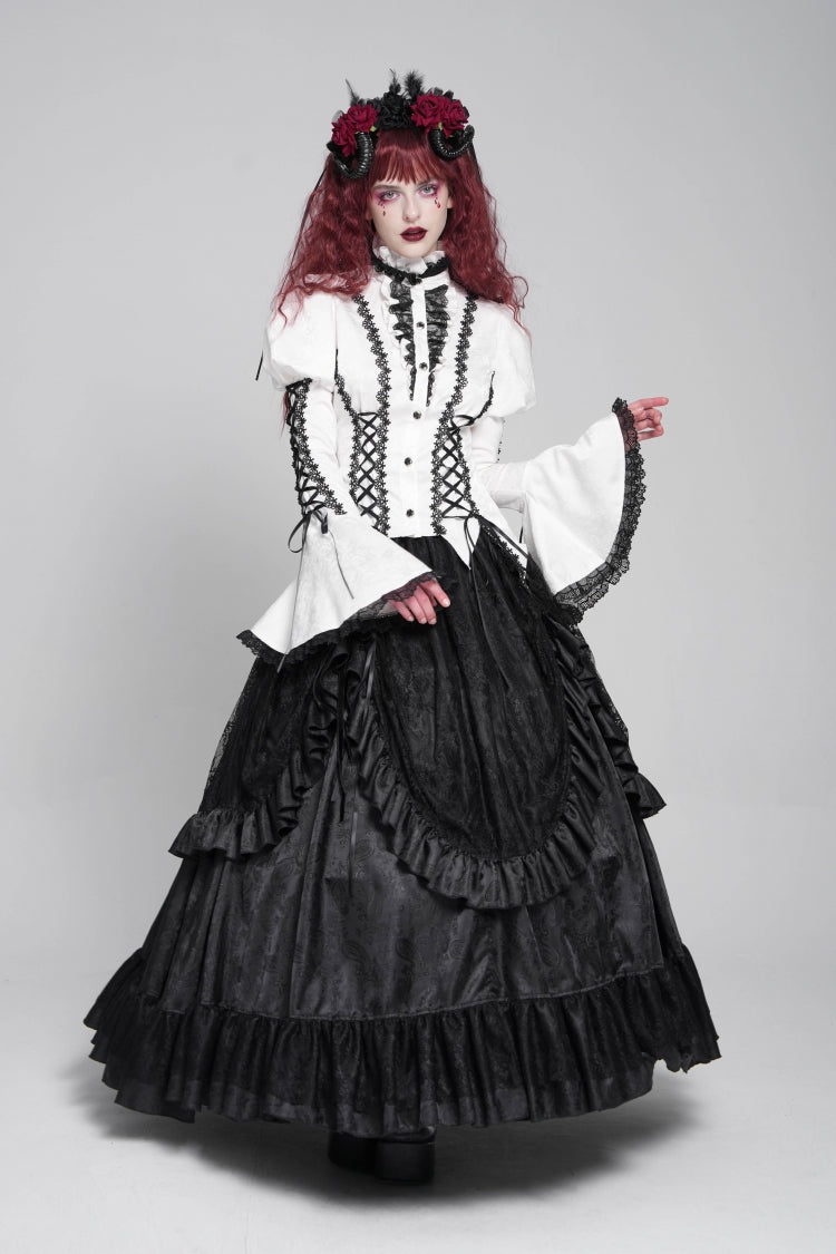 White Stand Collar Long Puff Sleeves Floral Jacquard Lace-Up Women's Gothic Blouse - Product - 8