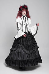 White Stand Collar Long Puff Sleeves Floral Jacquard Lace-Up Women's Gothic Blouse - Product - 8