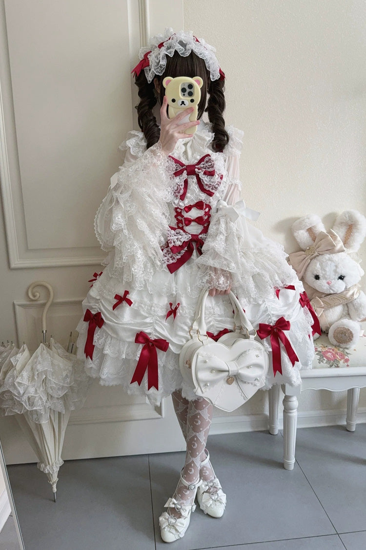White/Red [Silk Satin Gift Box] Square Collar Sleeveless Multi-Layered Ruffled Bow Lace Sweet Lolita Jsk Dress - Product - 11