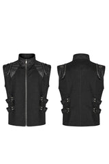 Black Stand Collar Side Waist Webbing Decorative Stitching Mens Steampunk Vest - Product - 5