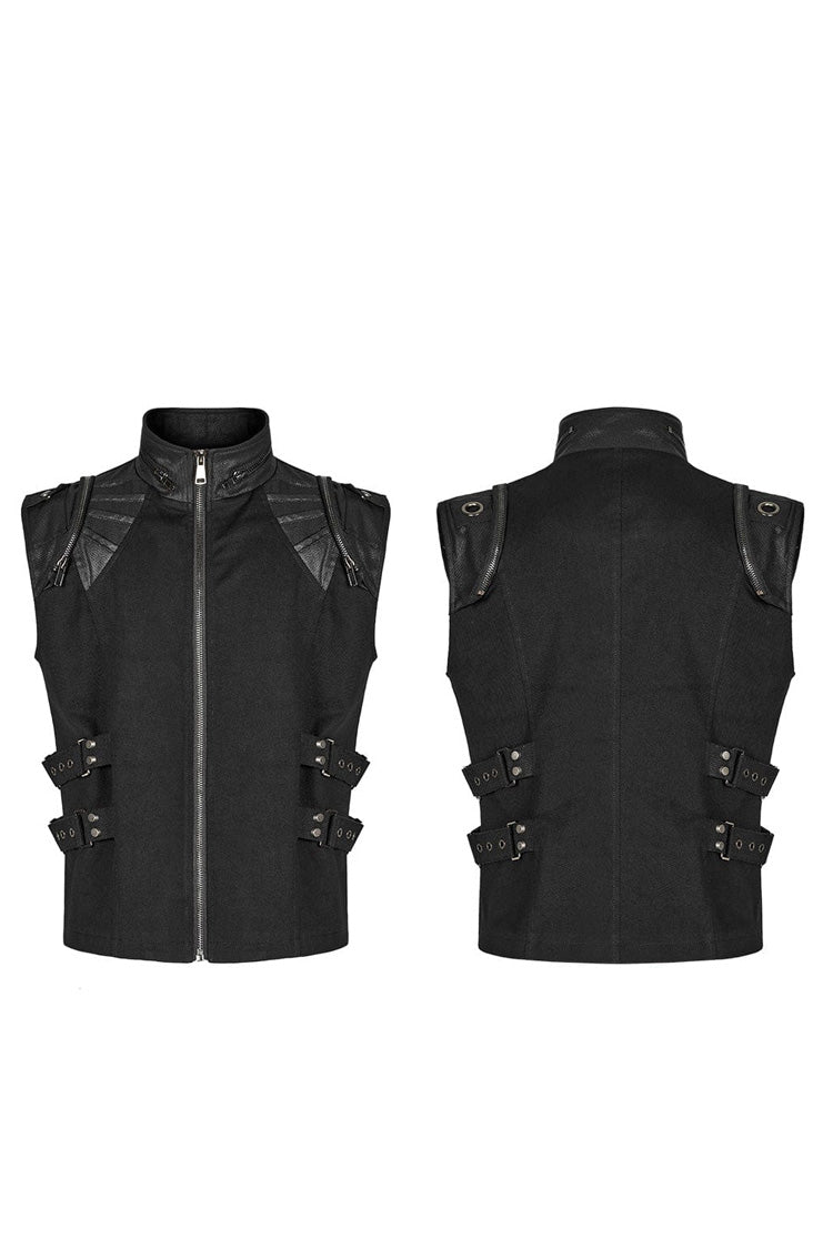 Black Stand Collar Side Waist Webbing Decorative Stitching Mens Steampunk Vest - Product - 5