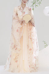 Orange V Collar High Waisted Print Sweet Chinese Style Hanfu Dress Full Set - Orange - 1