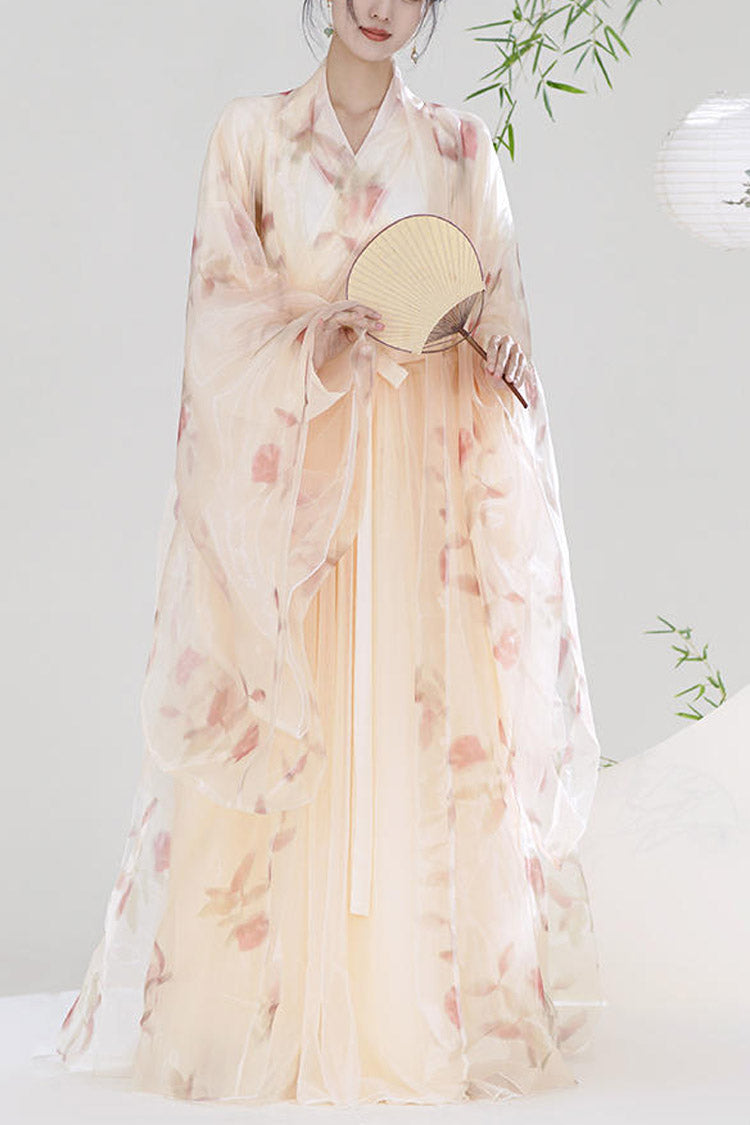 Orange V Collar High Waisted Print Sweet Chinese Style Hanfu Dress Full Set - Orange - 1