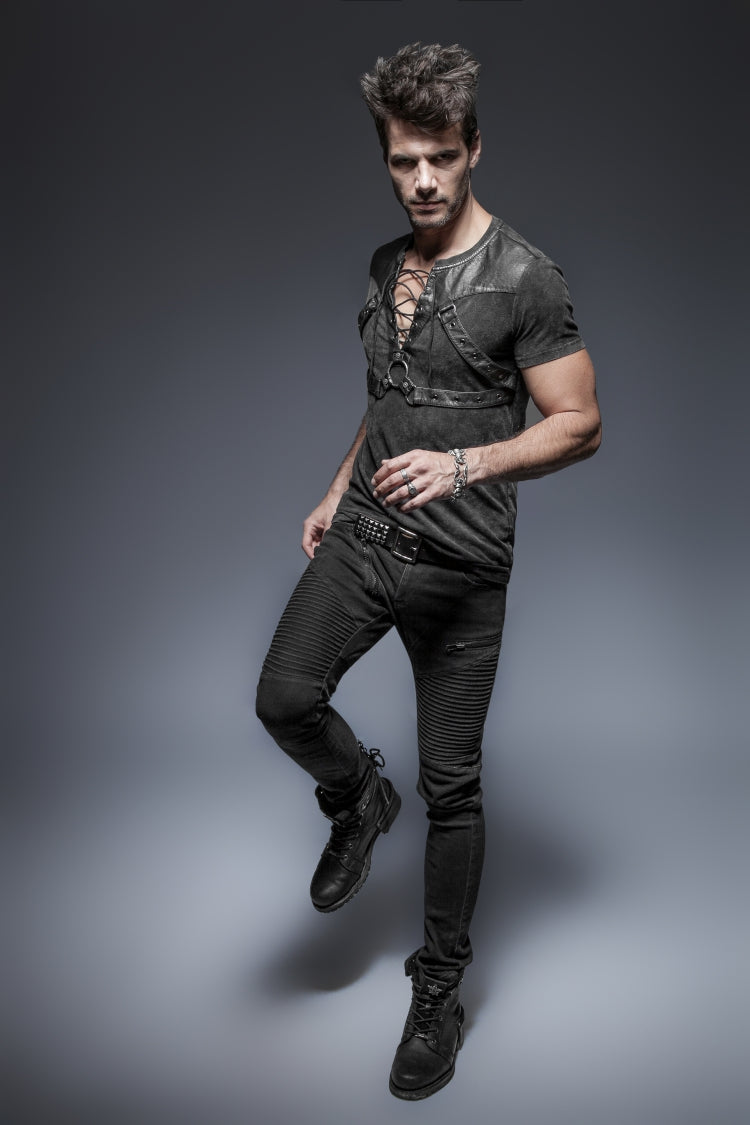 Black Lace-Up Zipper Men's Punk Blouse with Straps - Product - 4