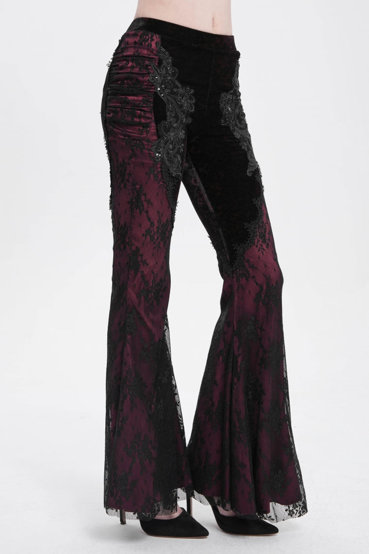 Red Floral Embroidery Stitching Lace Women's Gothic Pants - Product - 3