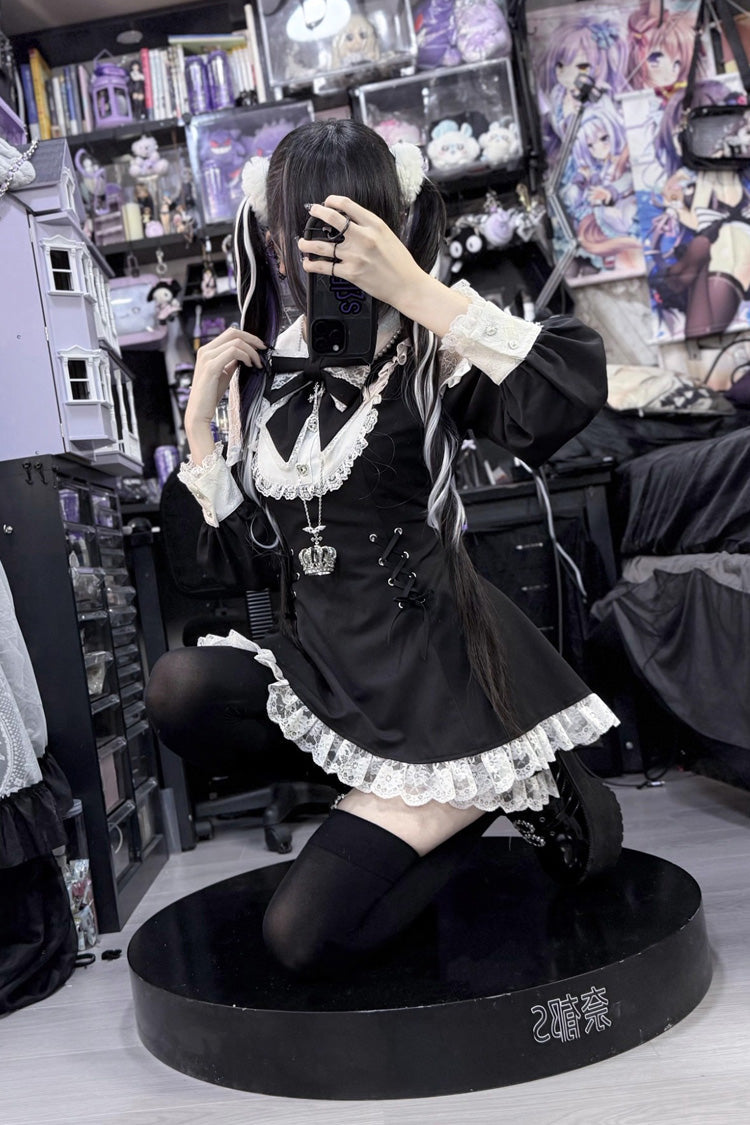 Black/White [Divine love] Long Sleeves Hollow Bowknot Lace Lace-Up Sweet Jirai Kei Dress Shorts Set - Product - 5
