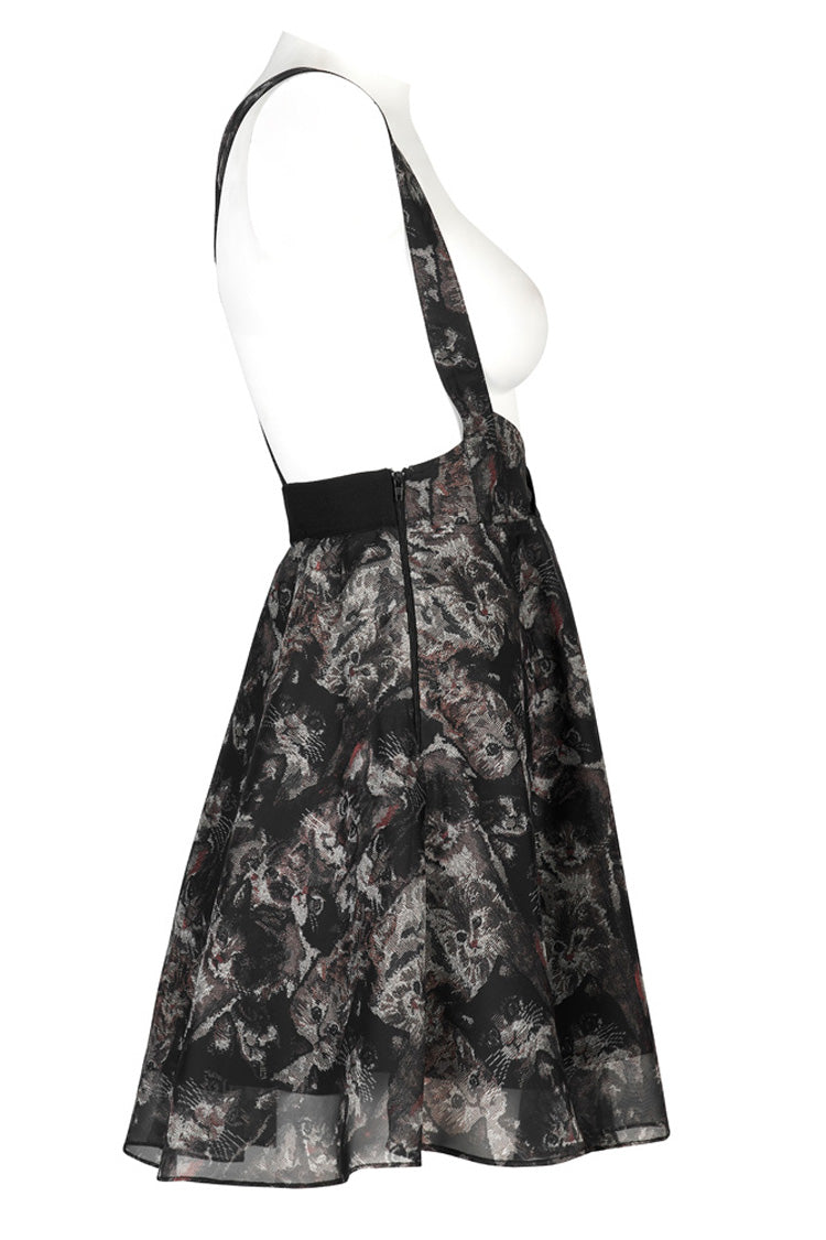 Black Super Cool Chiffon Lace Cat Print Straps Waist Low Cut A-Shaped Wide Hem Suspender Gothic Women's Skirt - Product - 6
