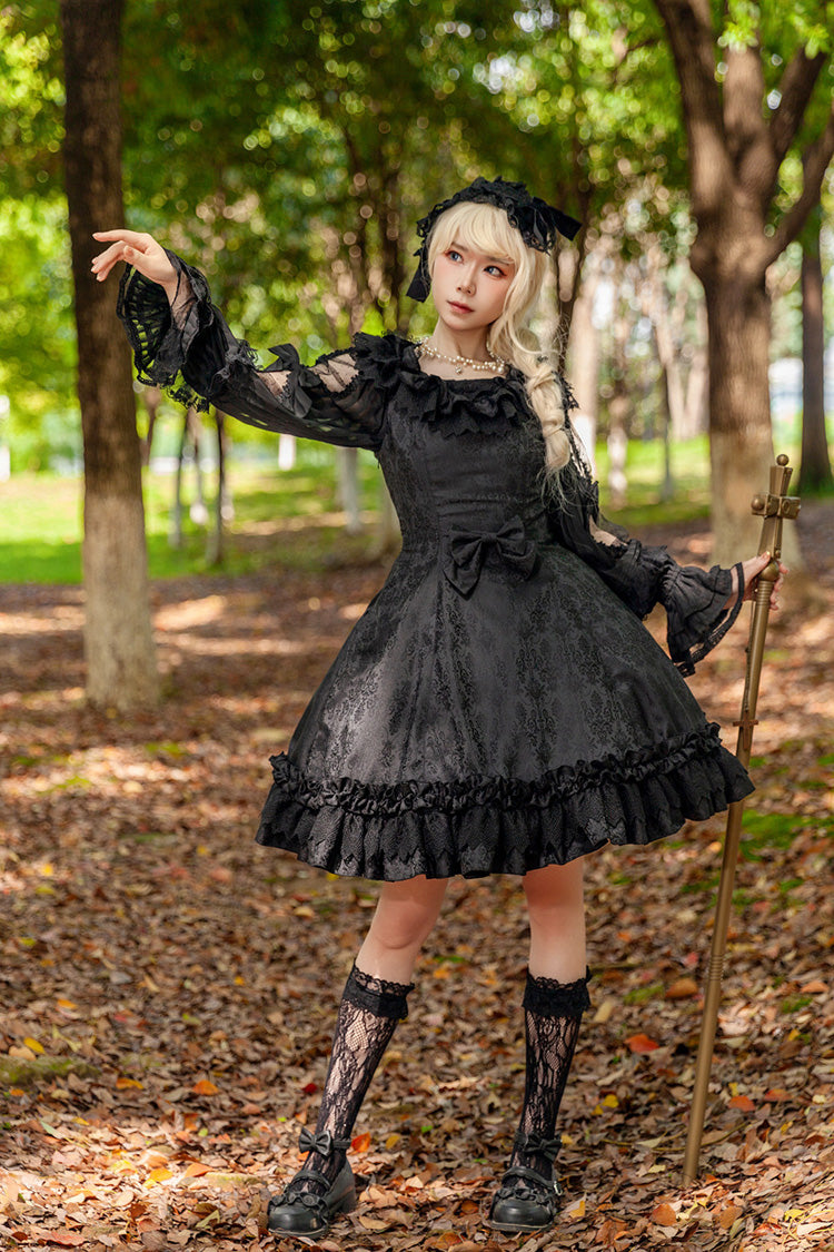Black [Floral Canon] Round Collar Sleeveless Jacquard Printed Ruffled Bow Gothic Lolita Jsk Dress - Product - 5