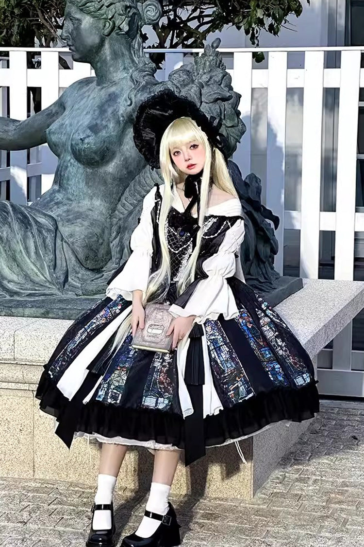 Black Stained Window Print Ruffle Bowknot Gothic Elegant Lolita Jsk Dress - Product - 4