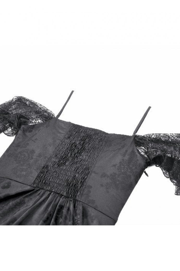 Black Off Shoulder Lace Flutter Sleeves Jacquard Side Corset Lace-Up Women's Gothic Slip Dress - Product - 17