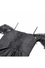 Black Off Shoulder Lace Flutter Sleeves Jacquard Side Corset Lace-Up Women's Gothic Slip Dress - Product - 17