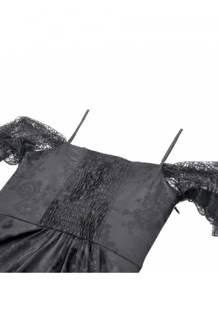 Black Off Shoulder Lace Flutter Sleeves Jacquard Side Corset Lace-Up Women's Gothic Slip Dress - Product - 17
