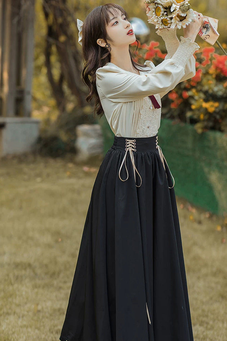 Black Lapel Collar Long Sleeves High Waisted Lace-Up Wave Hem Classic Lolita Two-Piece Skirt Set - Product - 7