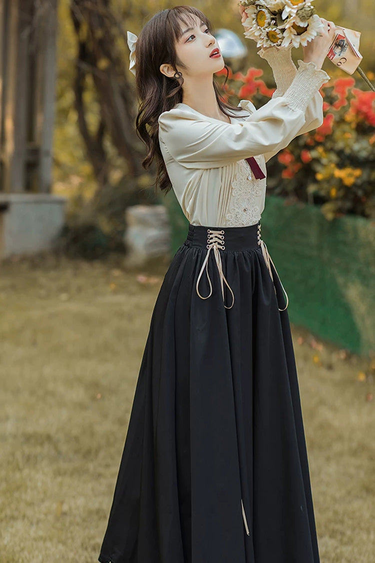 Black Lapel Collar Long Sleeves High Waisted Lace-Up Wave Hem Classic Lolita Two-Piece Skirt Set - Product - 7