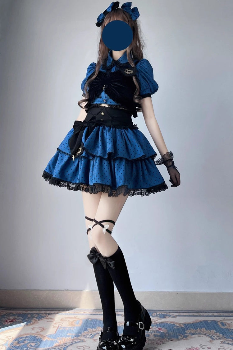 Blue/Black Multi-Layer Polka Dot Print Bowknot Princess Sweet Lolita Skirt Set - Blue/Black - 1