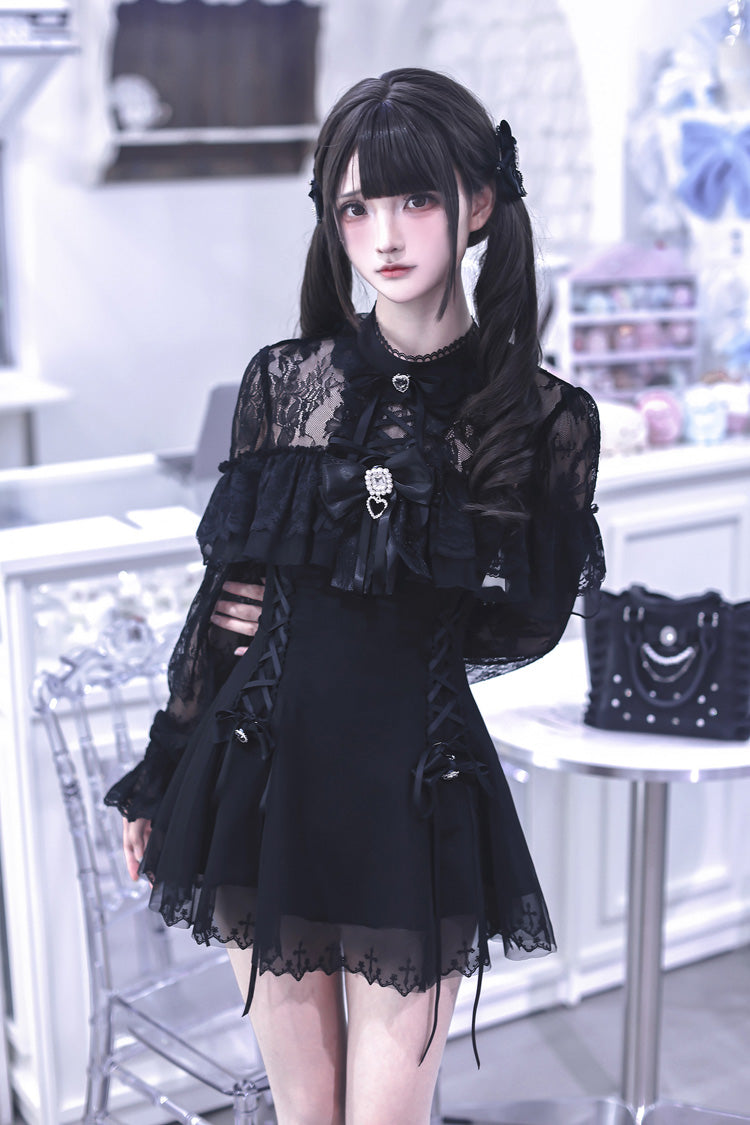 Black [Lace Doll] Round Collar Long Sleeves Ruffled Cut-Out Embroidered Bow Lace Gothic Jirai Kei Japanese Dress - Product - 4