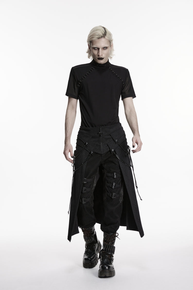 Black Printed Lace-Up Zippered Chain-Decorated Men's Punk Skirt - Black - 1