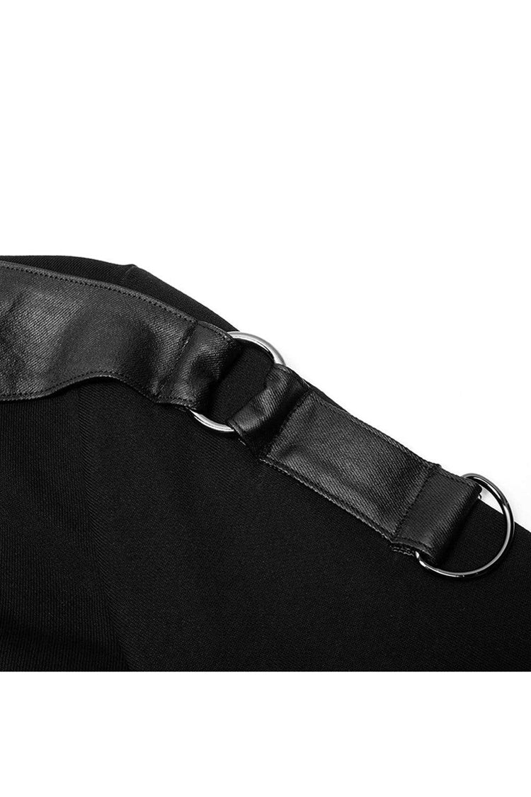 Black Long Sleeve Knit Front Splice Imitation Leather Lace Up Men's Punk T-Shirt - Product - 6