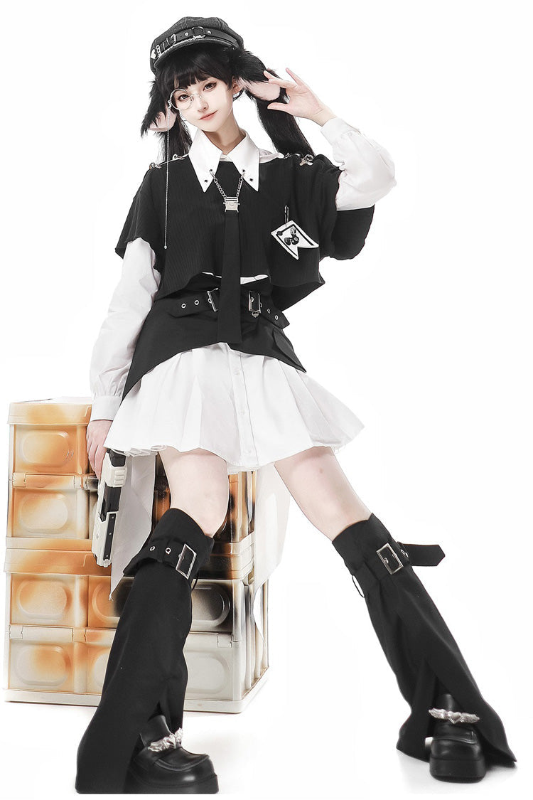 Black/White Cute Rabbit Sheriff Long Sleeves Slim Sweet Military Lolita Dress Set - Product - 2