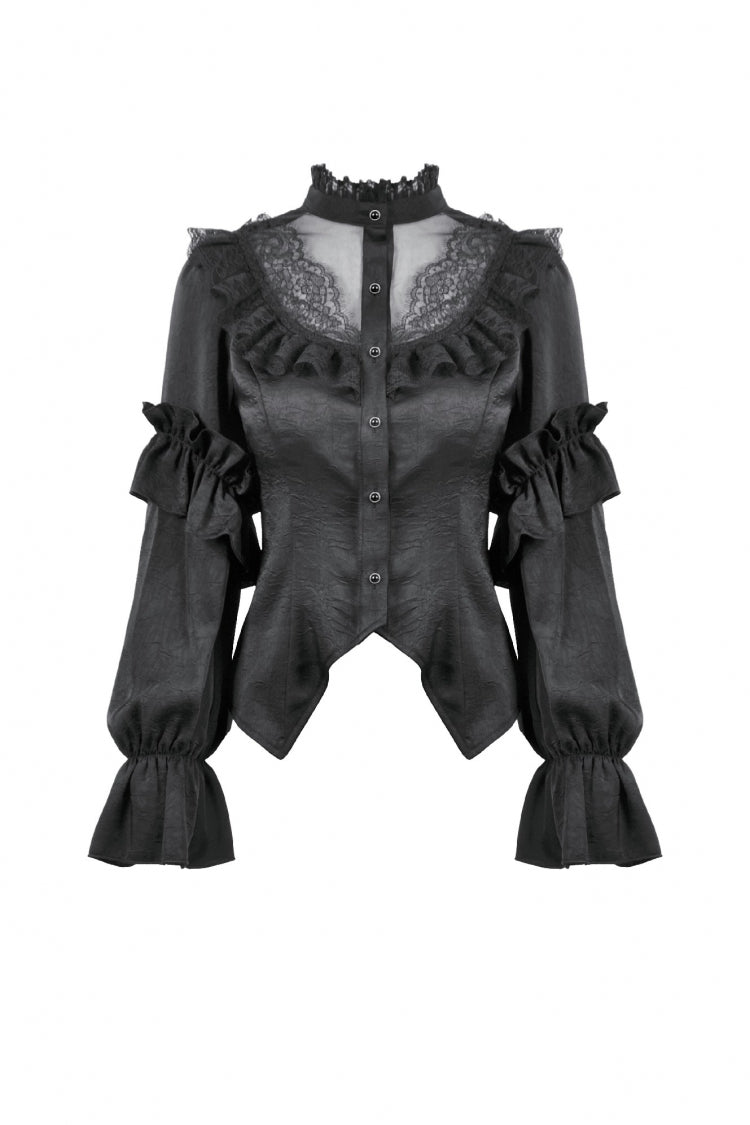 Black Sheer Stand Collar Ruffled Long Lantern Sleeves Women's Gothic Blouse - Product - 3