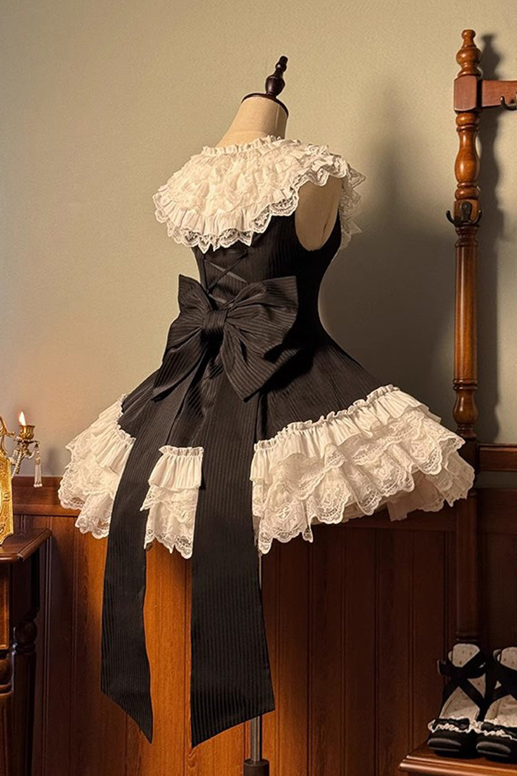 Black/White [Miss Tsundere] Sleeveless Multi-Layered Ruffle Bowknot Lace Asymmetric Sweet Princess Lolita Dress - Product - 3
