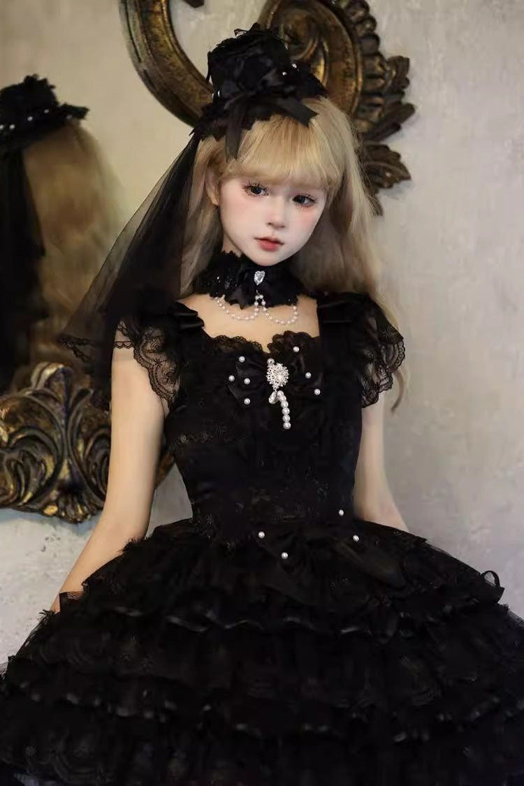 Black [Ballad of Feathers] Sleeveless Multi-Layered Ruffle Hanayome Bowknot Gothic Lolita Jsk Dress - Product - 4