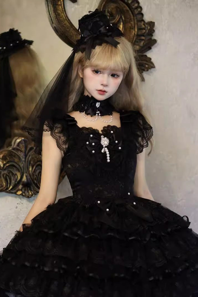 Black [Ballad of Feathers] Sleeveless Multi-Layered Ruffle Hanayome Bowknot Gothic Lolita Jsk Dress - Product - 4