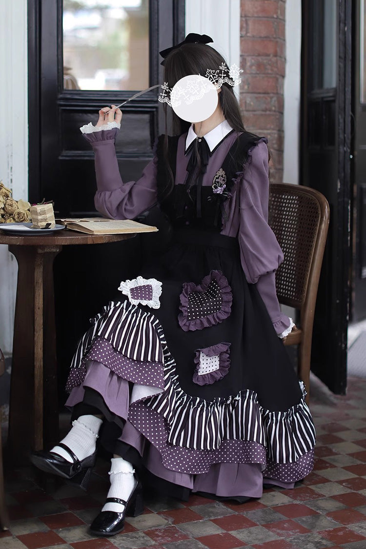 Black [Witch Academy] Double-Layered Stripe Print Ruffle Bowknot Irregular Sweet Lolita Jumper Dress - Product - 7