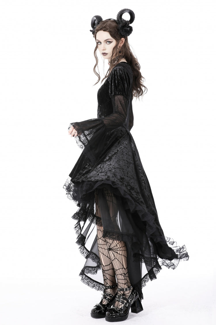 Black Long Puff Sleeves High Low Irregular Multi-Layered Lace Women's Gothic Velvet Dress - Product - 2