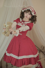 Red [Showa Memoir] Polka Dots Printed Ruffled Bow Sweet Lolita Dress - Product - 24