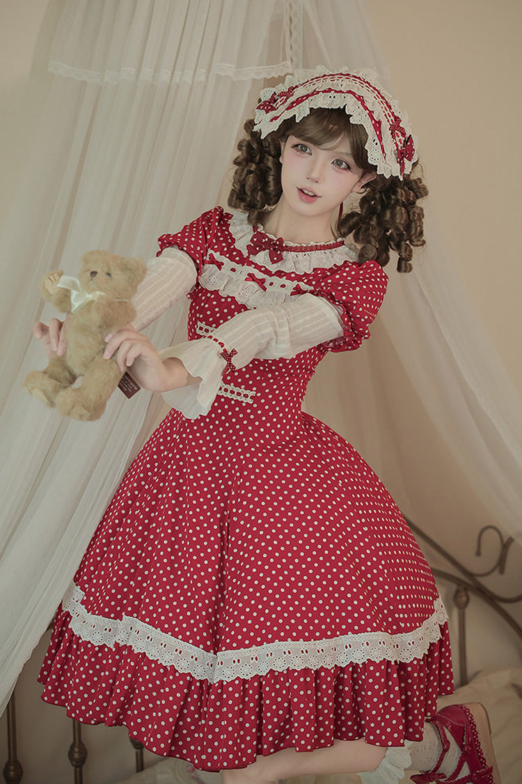 Red [Showa Memoir] Polka Dots Printed Ruffled Bow Sweet Lolita Dress - Product - 24