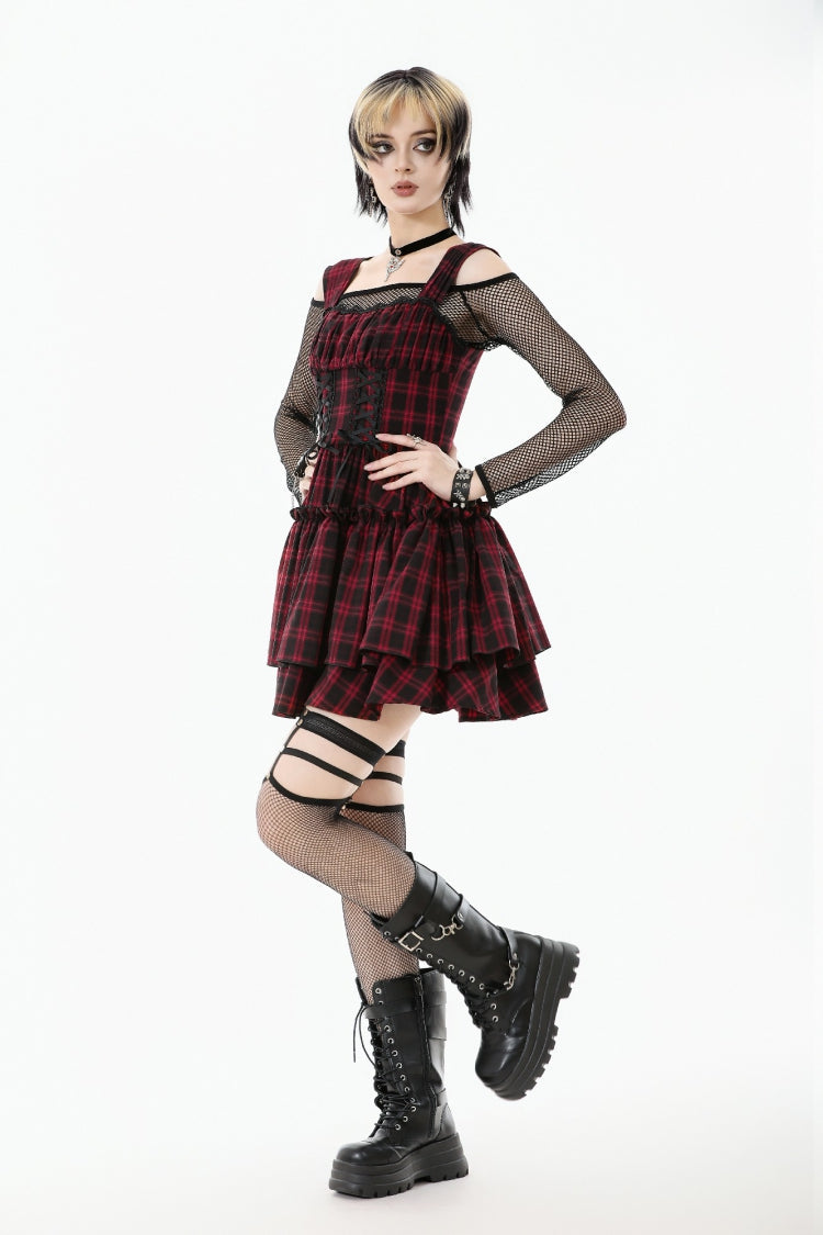 Red/Black Sleeveless Layered Plaid Ruched Women's Cake Dress Graduation Dress - Product - 4