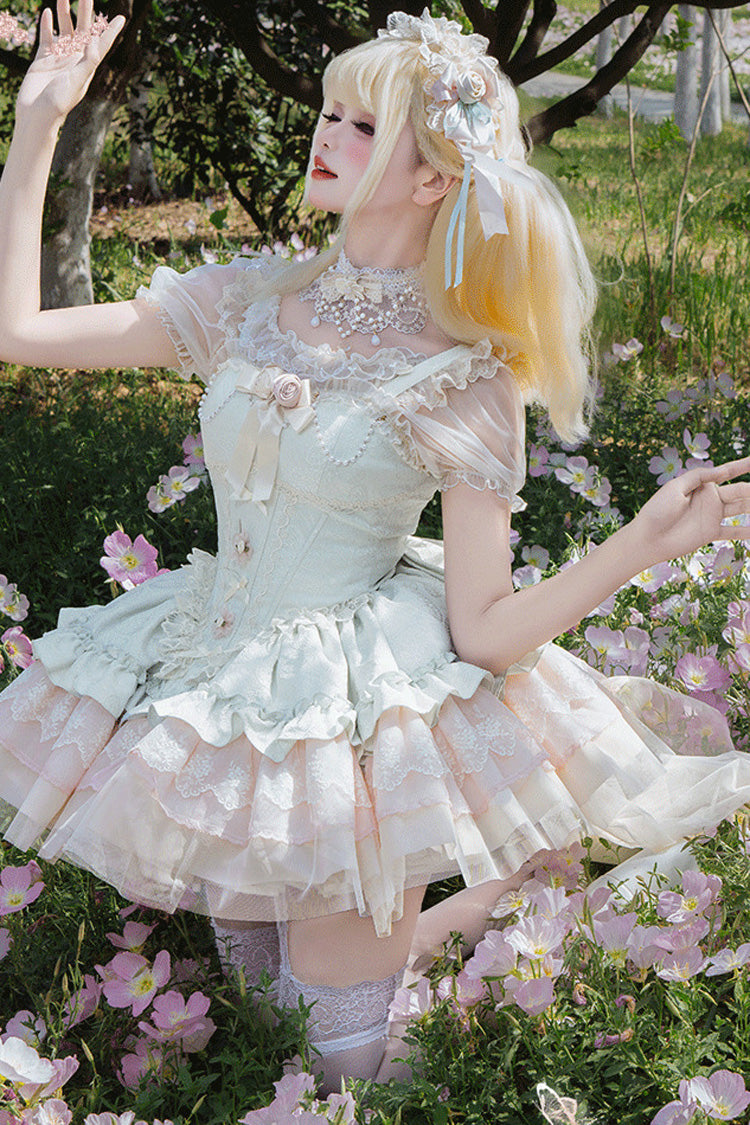 Green Sleeveless Multi-Layered Ruffle Bowknot Lace Lace-Up Sweet Princess Lolita Jsk Dress - Product - 4