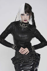 Black Stand Collar Long Sleeves  Circuit Board  Printed Slim Women's Punk Blouse - Black - 1