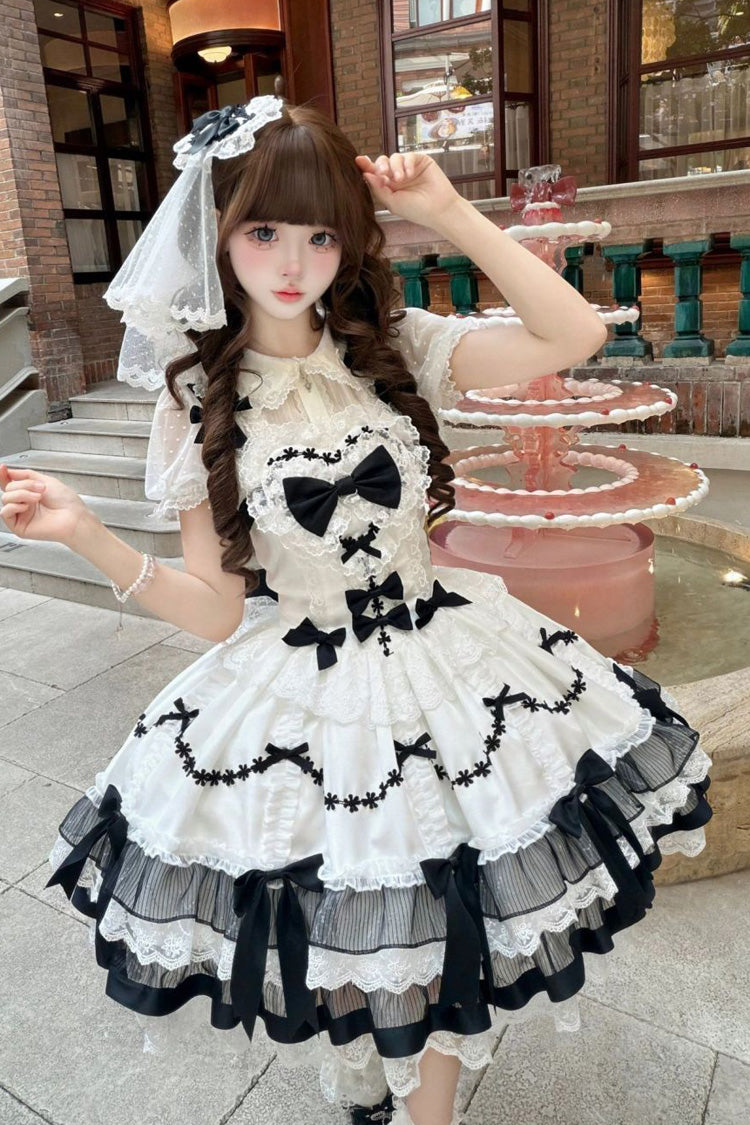 Black/White [Scarlet Heart Cocoa] Sleeveless Triple-Layered Ruffle Embroidery Bowknot Lace Sweet Lolita Jsk Dress - Product - 5