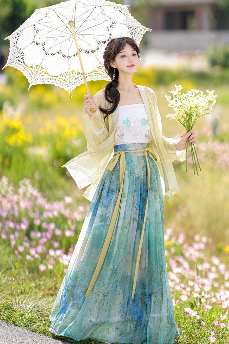 Multi-Color Long Sleeves High Waisted Print Embroidery Women's Sweet Chinese Style Hanfu Dress Full Set - Multi-Color - 1