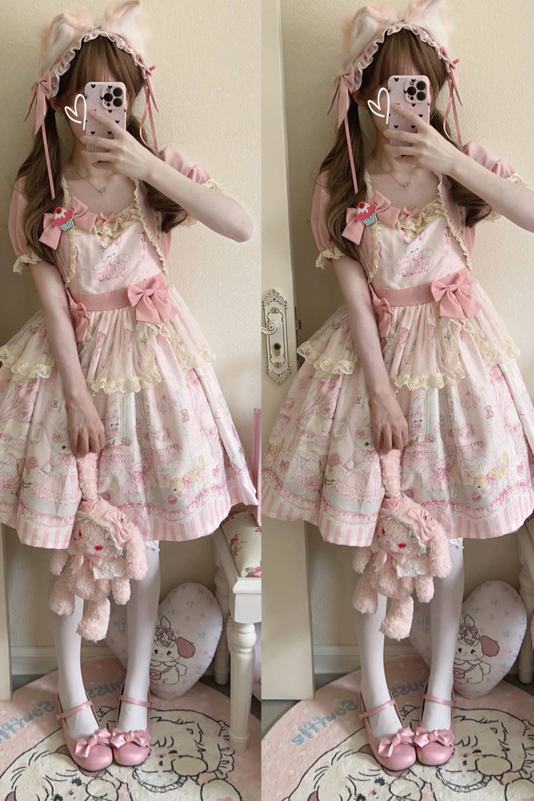 Rabbit Bear Wardrobe Print Ruffle Bowknot Sweet Lolita Dress 3 Colors - Product - 10