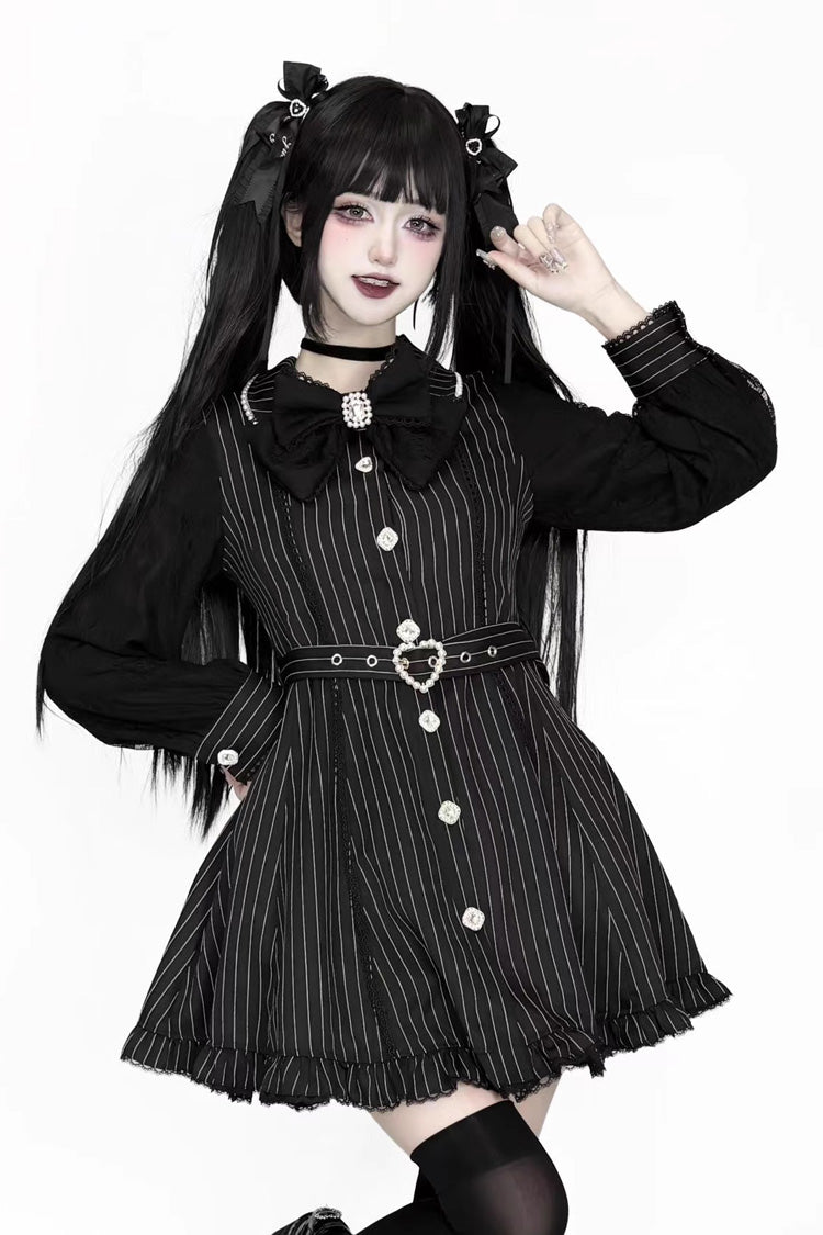 Black Long Sleeves Stripe Print Removable Cape Ruffle Lace Gothic Jirai Kei Elegant Dress - Product - 3