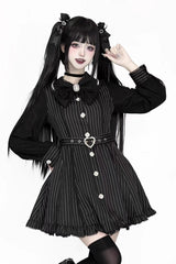 Black Long Sleeves Stripe Print Removable Cape Ruffle Lace Gothic Jirai Kei Elegant Dress - Product - 3