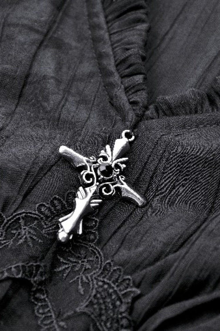 Black Ruffled V Collar Cross Ornament Long Trumpet Sleeves Pleated Women's Gothic Top - Product - 13