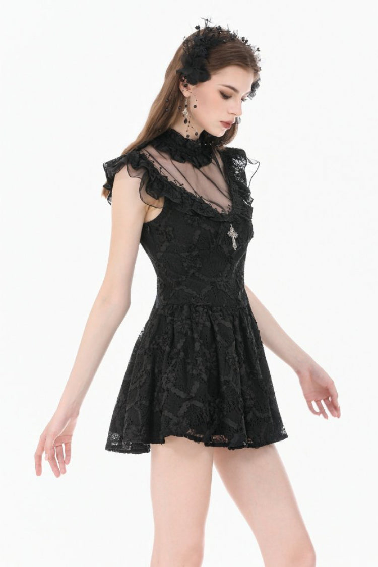 Black Ruffled Mock Neck Floral Cross Lace Splice Sheer Mesh Sleeveless Lace-Up Women's Gothic Dress - Product - 2