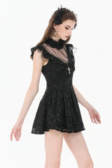 Black Ruffled Mock Neck Floral Cross Lace Splice Sheer Mesh Sleeveless Lace-Up Women's Gothic Dress - Product - 2
