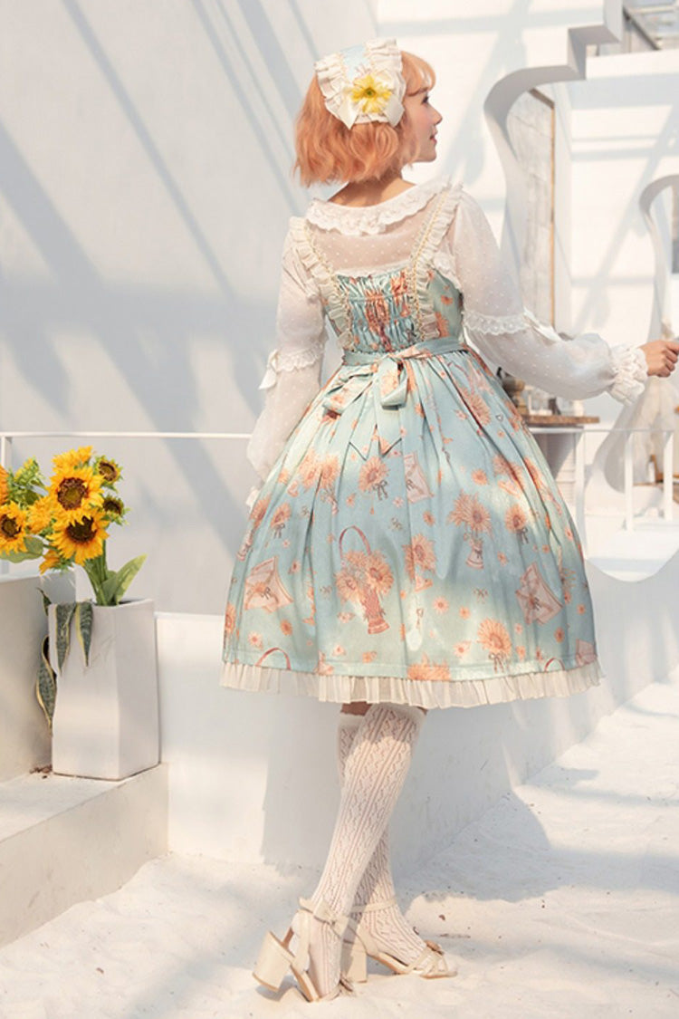 Grünes Miss Sunflower, ärmellos, bedruckt, Rüschenschleife, süß (Kleid einzeln), Detailansicht 3