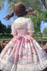 Pink Plush Bear and Doll Print Ruffle Bowknot Lace Sweet Lolita Jsk Dress - Product - 6