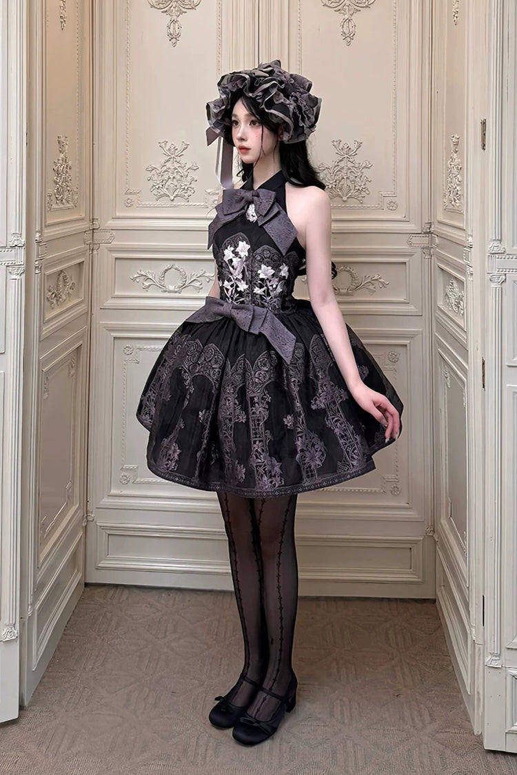 [Stained Glass Dream] Halterneck Sleeveless Printed Embroidered Bow Gothic Lolita Dress 2 Colors (Black/Purple, White/Purple) - Product - 6