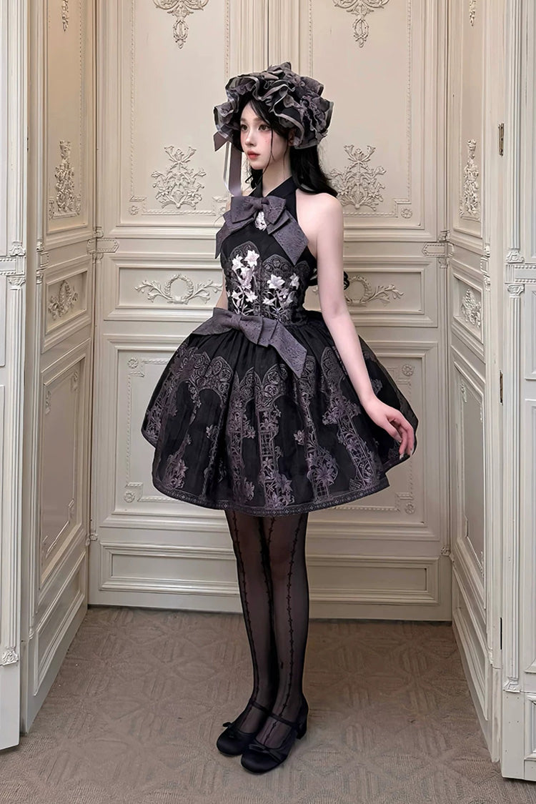 [Stained Glass Dream] Halterneck Sleeveless Printed Embroidered Bow Gothic Lolita Dress 2 Colors (Black/Purple, White/Purple) - Product - 6