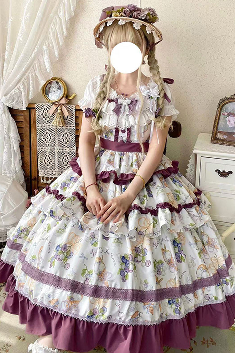 [Blueberry Early Summer] Sleeveless Triple-Layered Print Ruffle Bowknot Lace Sweet Lolita Jsk Dress 2 Colors - Product - 4