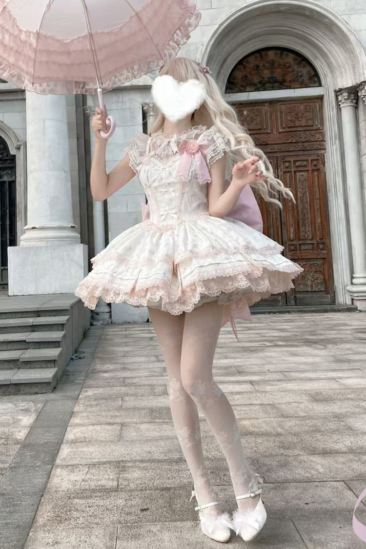 Pink [First Love Rose] Multi-Layered Print Ruffle Bowknot Lace Sweet Lolita Jsk Dress Set - Product - 7